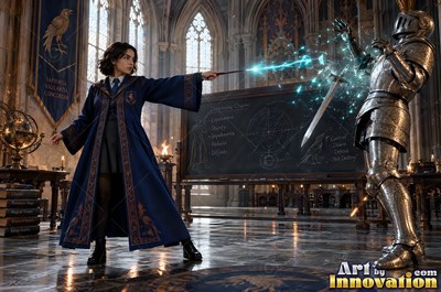 Young woman with a bronze raven crest on her robe guiding books and candles through a map room of brass globes