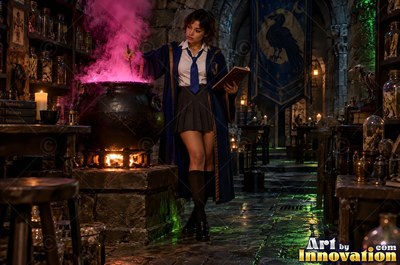 Sorceress on a windswept castle tower with her wand raised as a raven made of lightning spreads across the storm