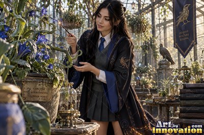 A young sorceress in royal blue and bronze robes casts a spell across an open-air observatory deck lined with brass telescopes