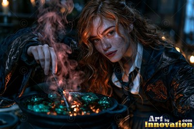 A young sorceress in royal blue and bronze robes casts a spell across an open-air observatory deck lined with brass telescopes
