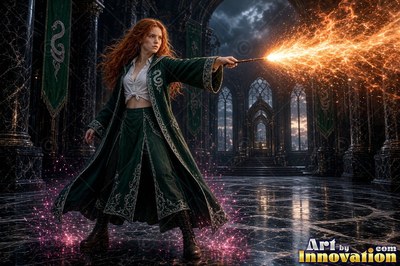 Sorceress walking the castle bridge at night beside a guardian serpent made of glowing gold light