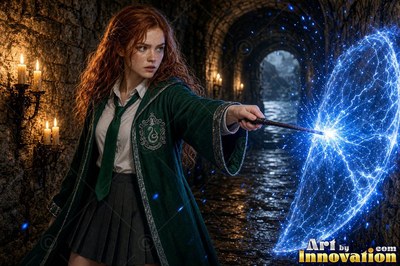 A young sorceress in emerald green and silver robes casts a spell across a black-marble dueling hall