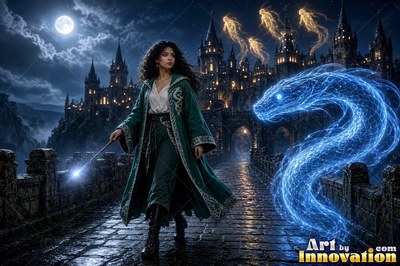 Young woman with a silver serpent crest on her robe stirring a smoking cauldron in a shadowed potions vault