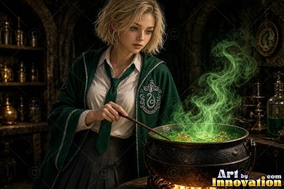 Sorceress walking the castle bridge at night beside a guardian serpent made of glowing gold light