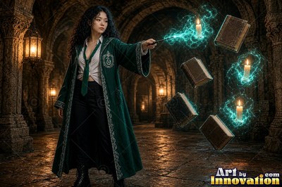 A young sorceress in emerald green and silver robes casts a spell across a black-marble dueling hall
