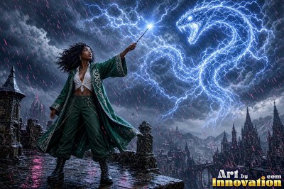 Acolyte of the House of the Serpents raising a shield of light in a lakeside dungeon corridor lit by torches
