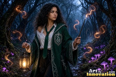 Sorceress walking the castle bridge at night beside a guardian serpent made of glowing gold light