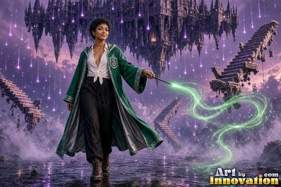 A young sorceress in emerald green and silver robes casts a spell across a black-marble dueling hall