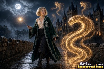 A young sorceress in emerald green and silver robes casts a spell across a black-marble dueling hall