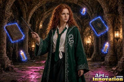 Young woman with a silver serpent crest on her robe stirring a smoking cauldron in a shadowed potions vault