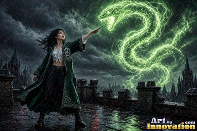 Sorceress walking the castle bridge at night beside a guardian serpent made of glowing gold light