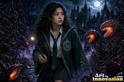 A young sorceress in emerald green and silver robes casts a spell across a black-marble dueling hall