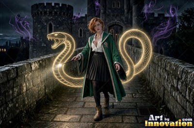A young sorceress in emerald green and silver robes casts a spell across a black-marble dueling hall