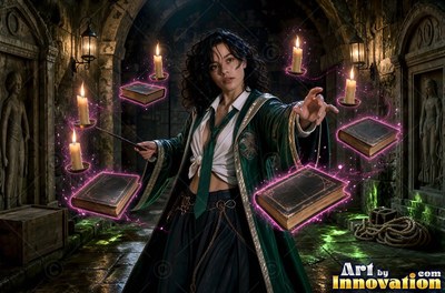 Young woman with a silver serpent crest on her robe stirring a smoking cauldron in a shadowed potions vault