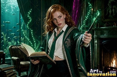 A young sorceress in emerald green and silver robes casts a spell across a black-marble dueling hall
