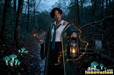 Sorceress walking the castle bridge at night beside a guardian serpent made of glowing gold light