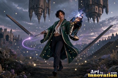 A young sorceress in emerald green and silver robes casts a spell across a black-marble dueling hall