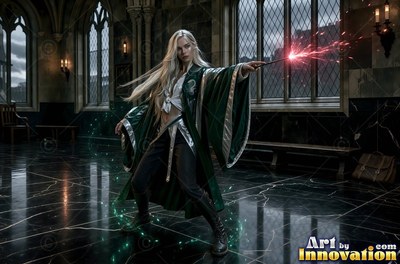 Acolyte of the House of the Serpents raising a shield of light in a lakeside dungeon corridor lit by torches