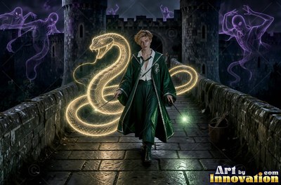 A young sorceress in emerald green and silver robes casts a spell across a black-marble dueling hall