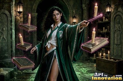 Young woman with a silver serpent crest on her robe stirring a smoking cauldron in a shadowed potions vault