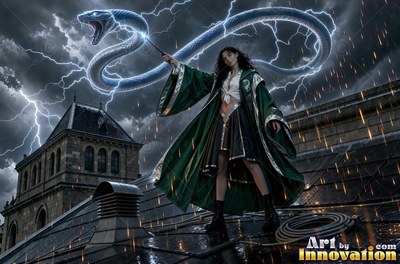 Sorceress walking the castle bridge at night beside a guardian serpent made of glowing gold light
