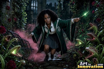 A young sorceress in emerald green and silver robes casts a spell across a black-marble dueling hall