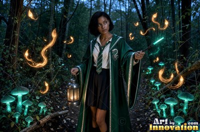 Acolyte of the House of the Serpents raising a shield of light in a lakeside dungeon corridor lit by torches
