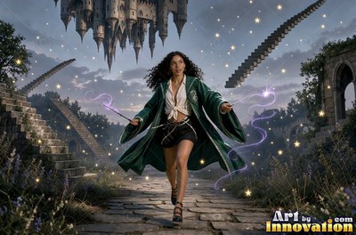 Young woman with a silver serpent crest on her robe stirring a smoking cauldron in a shadowed potions vault