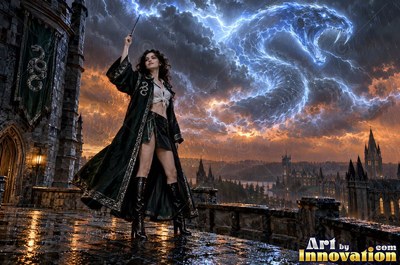 A young sorceress in emerald green and silver robes casts a spell across a black-marble dueling hall