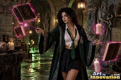 Young woman with a silver serpent crest on her robe stirring a smoking cauldron in a shadowed potions vault