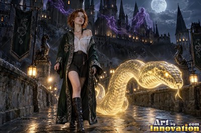 A young sorceress in emerald green and silver robes casts a spell across a black-marble dueling hall