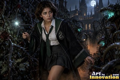 A young sorceress in emerald green and silver robes casts a spell across a black-marble dueling hall