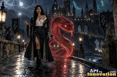 Sorceress walking the castle bridge at night beside a guardian serpent made of glowing gold light