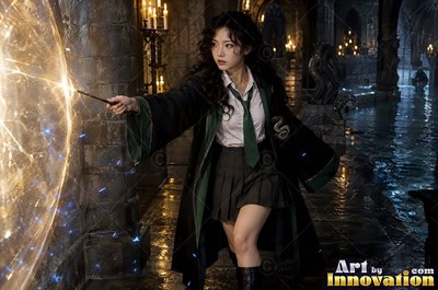 A young sorceress in emerald green and silver robes casts a spell across a black-marble dueling hall