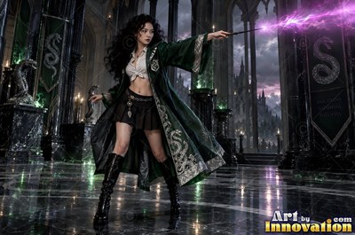 Acolyte of the House of the Serpents raising a shield of light in a lakeside dungeon corridor lit by torches