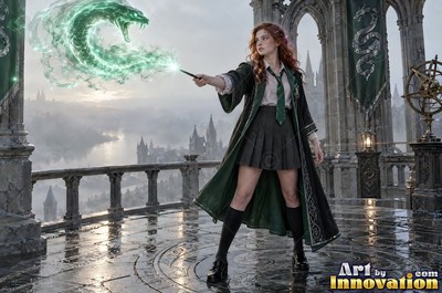 A young sorceress in emerald green and silver robes casts a spell across a black-marble dueling hall