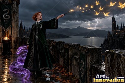 Acolyte of the House of the Serpents raising a shield of light in a lakeside dungeon corridor lit by torches