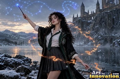 A young sorceress in emerald green and silver robes casts a spell across a black-marble dueling hall