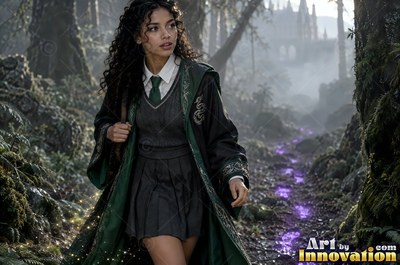 Sorceress walking the castle bridge at night beside a guardian serpent made of glowing gold light