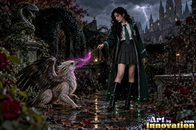 A young sorceress in emerald green and silver robes casts a spell across a black-marble dueling hall