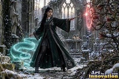 Sorceress walking the castle bridge at night beside a guardian serpent made of glowing gold light