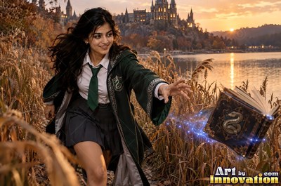 A young sorceress in emerald green and silver robes casts a spell across a black-marble dueling hall