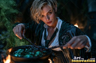 Acolyte of the House of the Serpents raising a shield of light in a lakeside dungeon corridor lit by torches