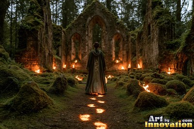 Sorceress walking the castle bridge at night beside a guardian serpent made of glowing gold light