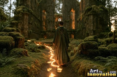 A young sorceress in emerald green and silver robes casts a spell across a black-marble dueling hall