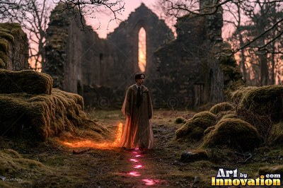 Acolyte of the House of the Serpents raising a shield of light in a lakeside dungeon corridor lit by torches
