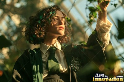 A young sorceress in emerald green and silver robes casts a spell across a black-marble dueling hall