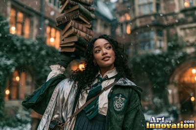 A young sorceress in emerald green and silver robes casts a spell across a black-marble dueling hall