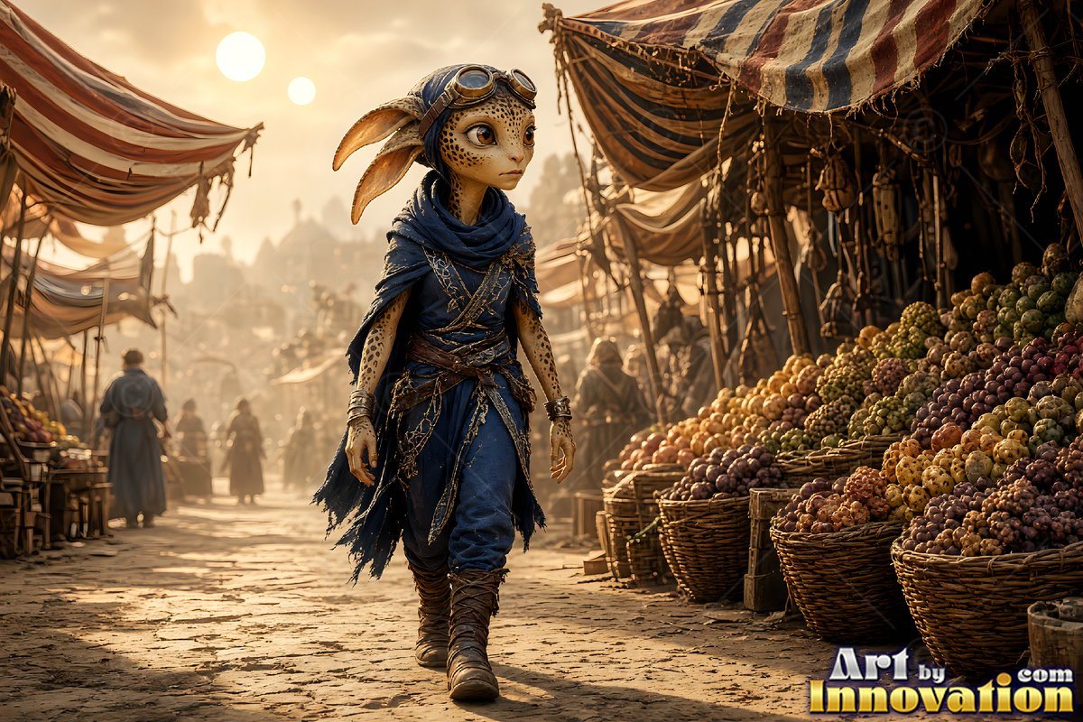 In a sunny desert bazaar, an alien woman in blue clothes walks past fruit stalls