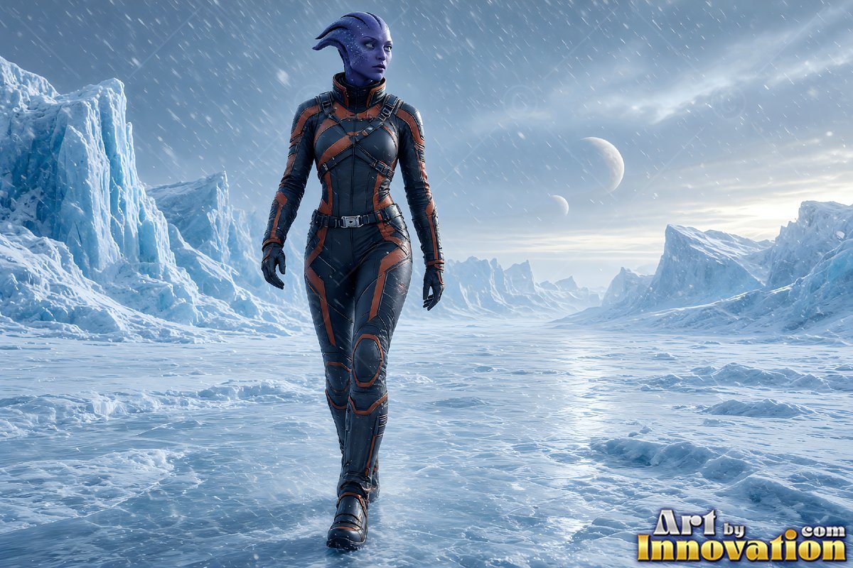 Walking through the snow, a blue alien woman in a dark suit travels ice plains